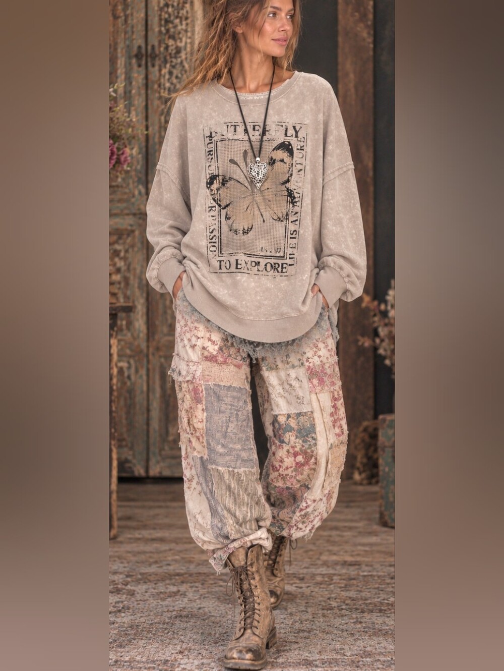 Free Style Boho distressed Sweatshirt Sweater butterfly Bohemian L NWOT